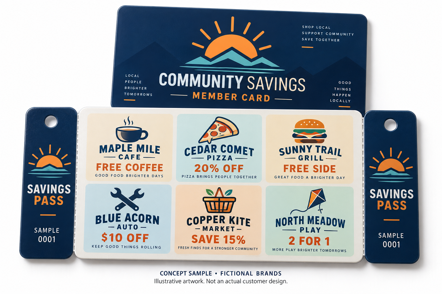 PVC combo card concept sample with fictional merchant brands — not actual customer artwork